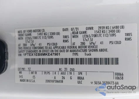 2021 Ford F-150 Xl z USA, uszkodzony, nr VIN 1FTEX1EB8MKE47901